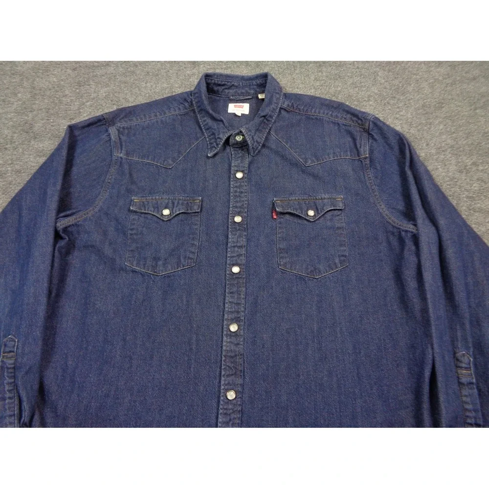 Levi's Denim Shirt Mens Blue Size 2XL XXL Standard Pearl Snap Button Long Sleeve